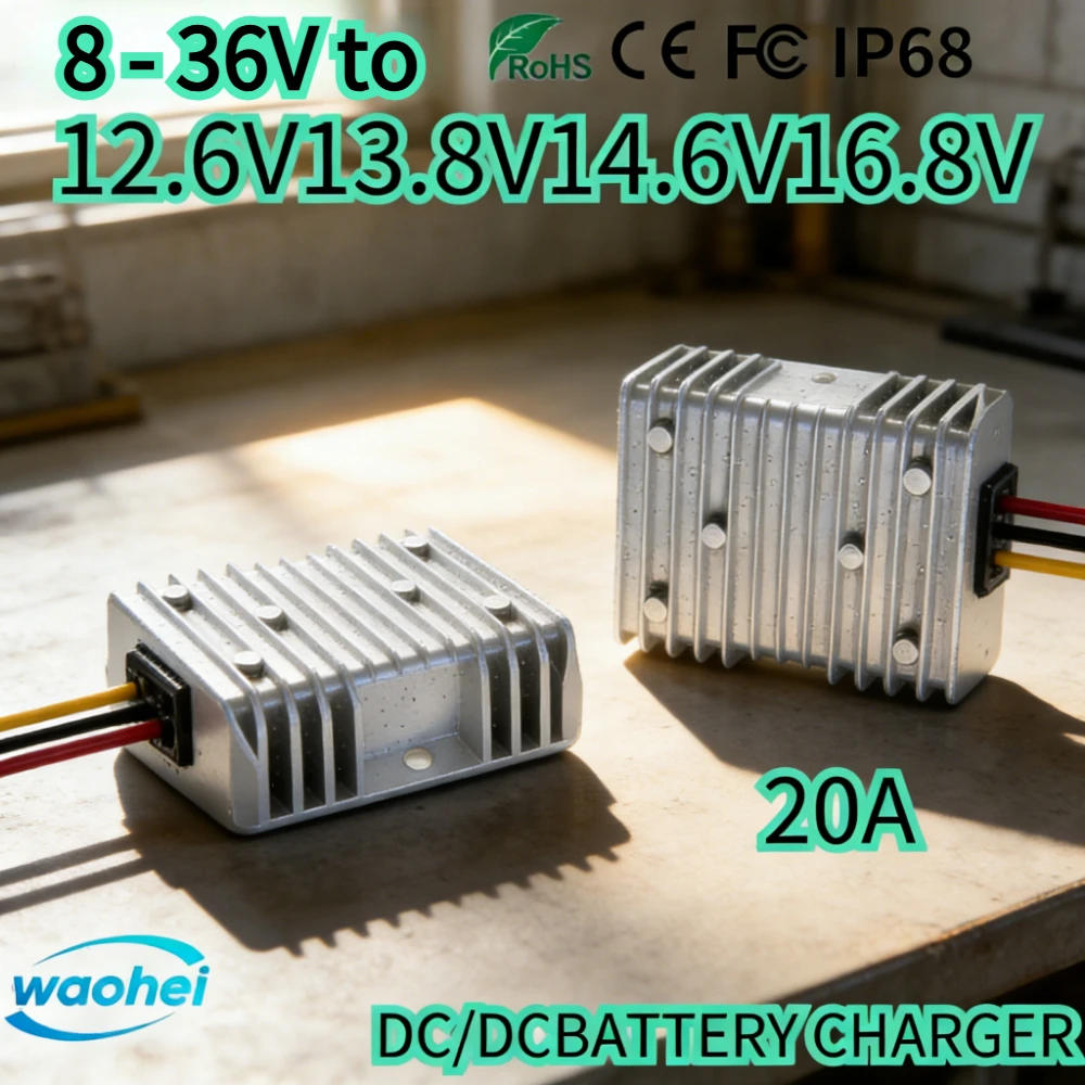 

Преобразователь напряжения 8-36В в 12.6В, 13.8В, 14.6В, 16.8В, 20А, DC-DC, для двухбатарейных систем, свинцово-кислотных и литиевых LiFePO4 аккумуляторов 12В, CE