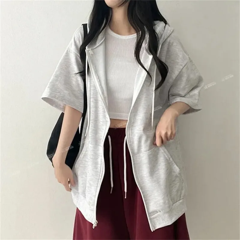 Women's Half Sleeve Zip Up Hoodie Loose Fit Casual Oversized Hooded Sweatshirt with Pockets view 4