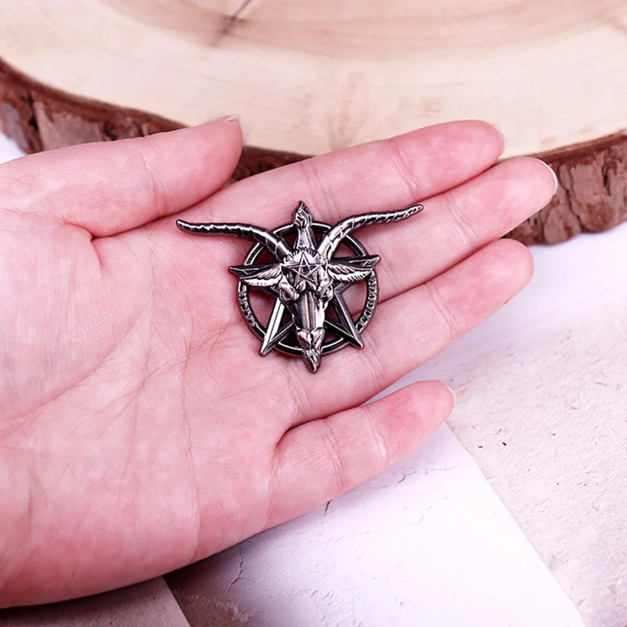 شيطان Baphomet-المينا دبوس الماعز الشيطاني التلبيب دبوس خمر الخماسي شارة هالوين المجوهرات هدية #4