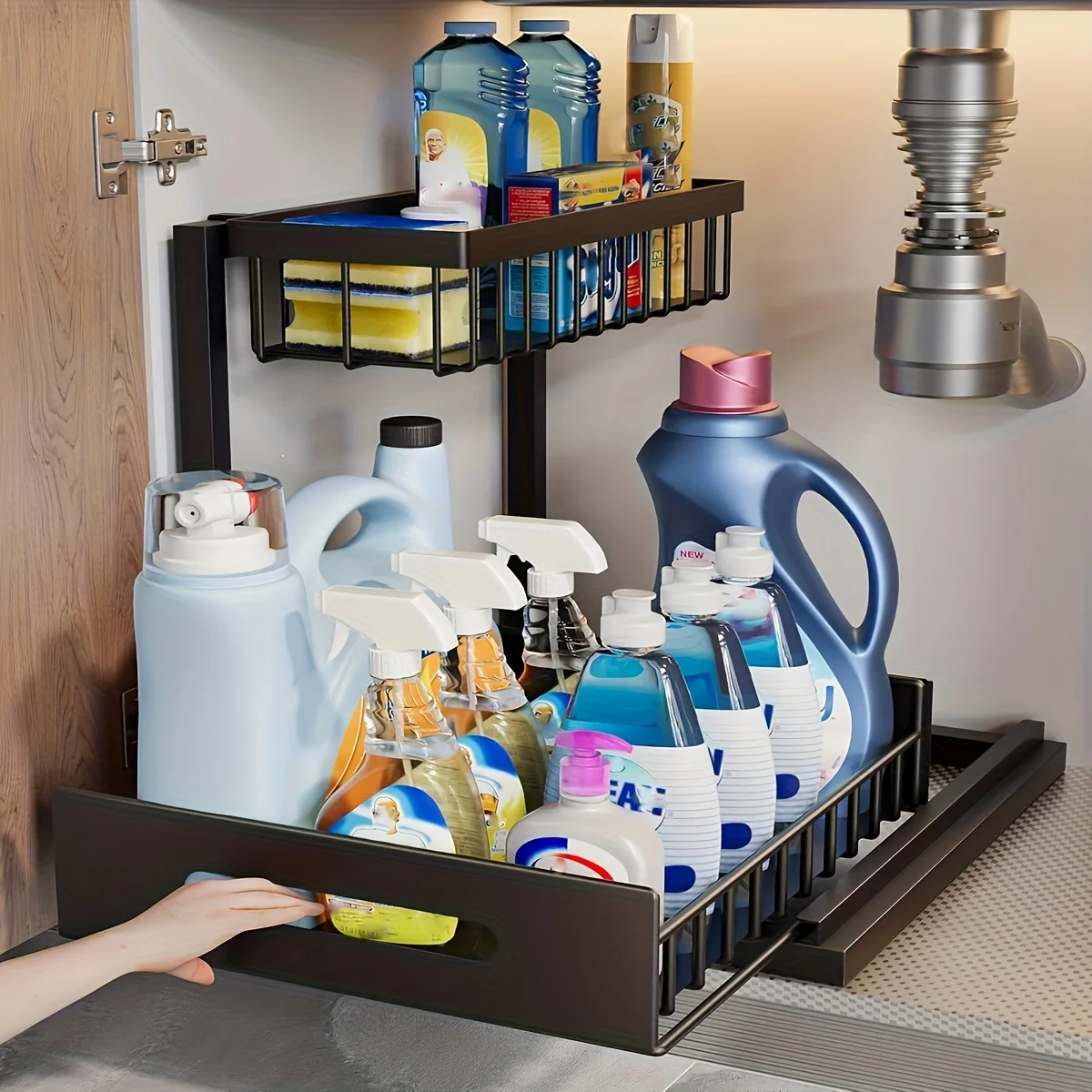 

​Under Sink Sliding Drawer Organizer - Metal Storage Rack with Pull-Out Shelves - Multi-Room Kitchen Bathroom Cabinet Organizer