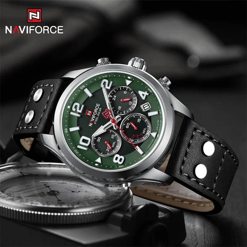 NAVIFORCE-relojes solares para hombre, pulsera de acero inoxidable, resistente al agua, 50M, zafiro luminoso, multifuncional, eco-drive, 1006