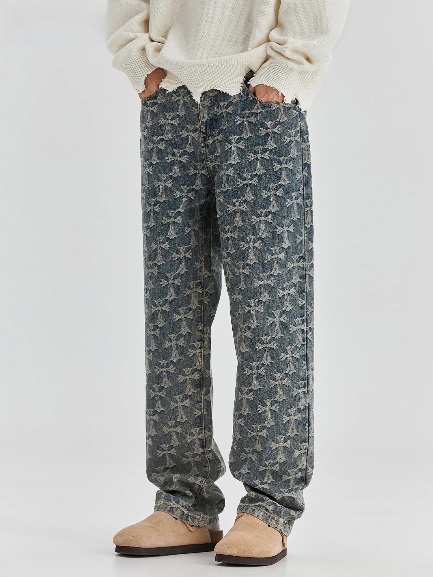 

GURBAKS Spring Autumn Loose Straight Leg Men's Jeans Casual Floral Pattern Water Waed mid Waist Long Trousers Trendy Street...
