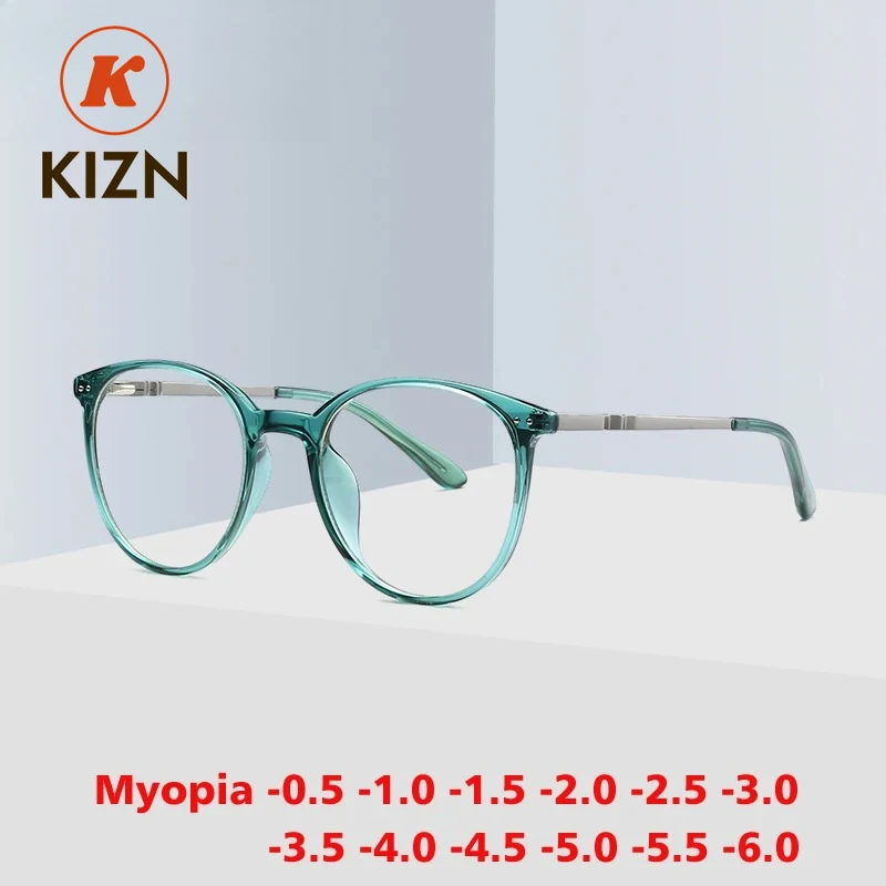 KIZN 패션 라운드 프레임 여성 근시 안경 컴퓨터 안티 블루 라이트 처방 맞춤형 광학 안경 -0.50 ~ -10