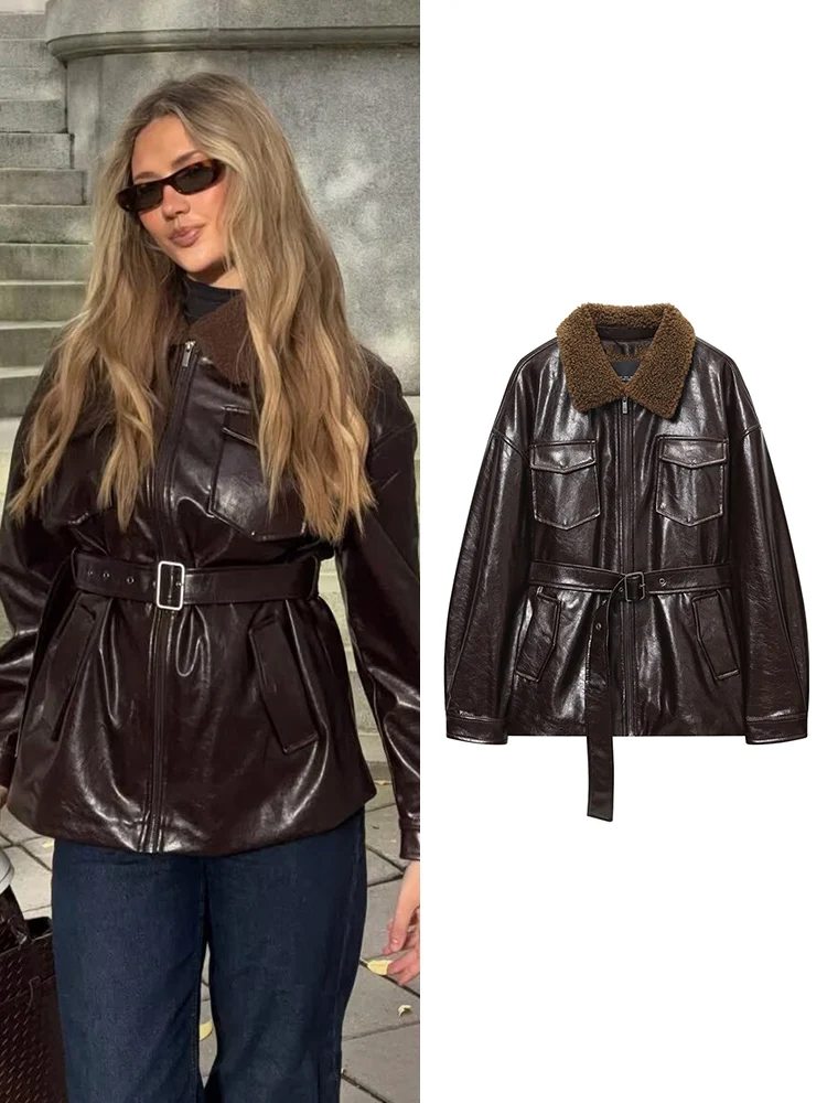 

Женская куртка из искусственной кожи, модные однотонные пальто на молнии, элегантный декор с поясом и карманами, куртки для отдыха, женская винтажная уличная одежда из искусственной кожи