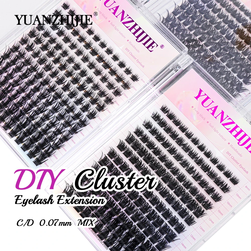 YUANZHIJIE-Individual Cluster Cílios, Natural Wispy Olhar Cílios, C e D Curling Lash Extensões Bandejas, Mixed Comprimento, 144PCs, DIY