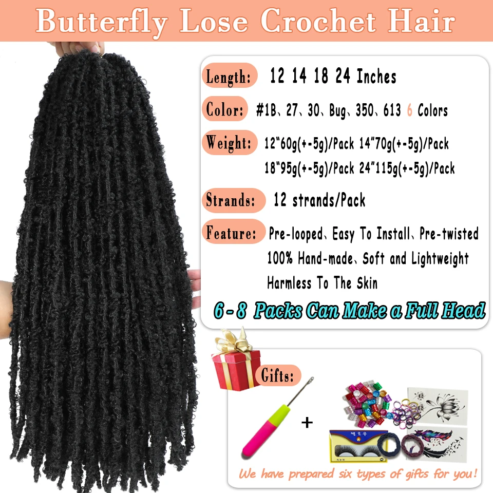 BEWILL 12 14 18 24 Inch Butterfly Locs Crochet Hair Pre-looped Synthetic Distressed Faux Braids Hair Soft Locs Goddess Locs Hair