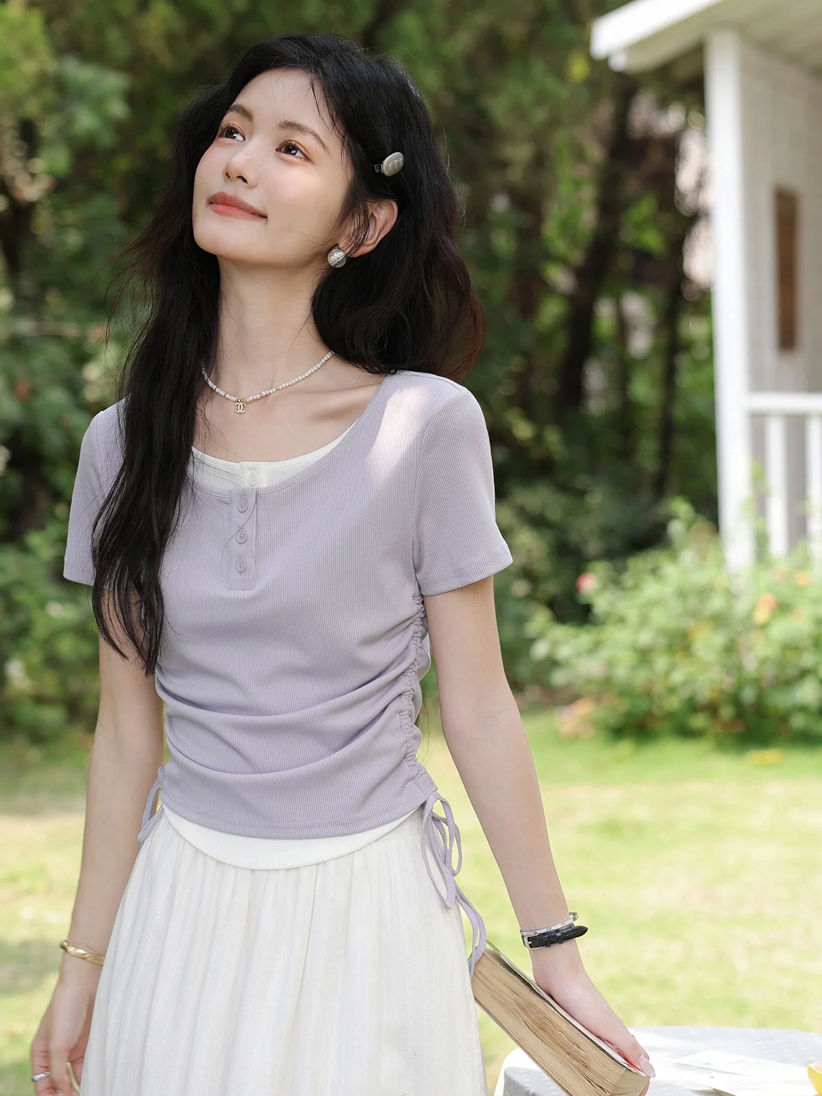 

South Deer Purple Dr ort Sve T-irt Women's Slim Fit Summer Top French Sle Creative Pattern round Ne ort Length