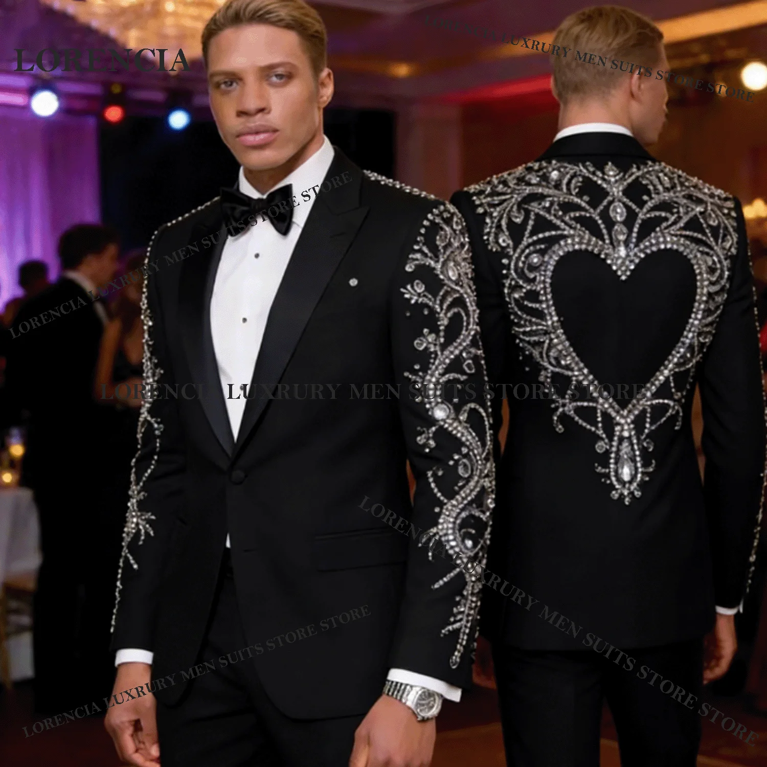 

Customized Diamond Sequin Men Suits Glitter Rhinestone Crystal Wedding Tuxedos Slim Ropa hombre 2 Pieces Sets Groom Male Blazers