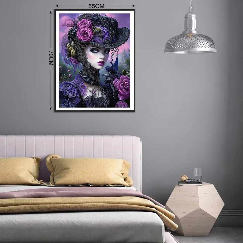 Purple Mystical Gothic Woman 5D Full Diamond Painting Rhinestones Embroidery Black Girl Cross Stitch Portrait Mosaic Sale Decor