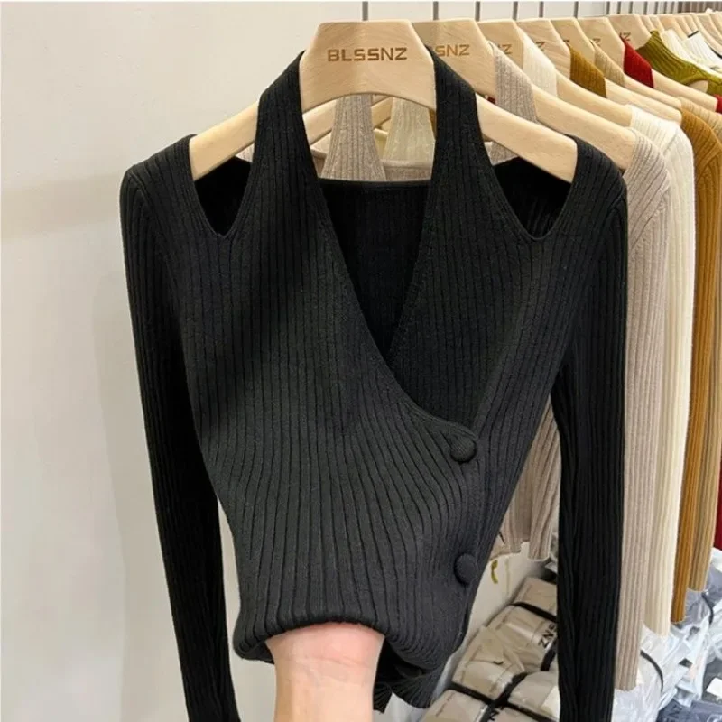 Estilo coreano Otoño Invierno todo-fósforo suave Sueter Mujer Halter suéteres de punto mujeres Sexy Irregular Simple suéter interior Casual