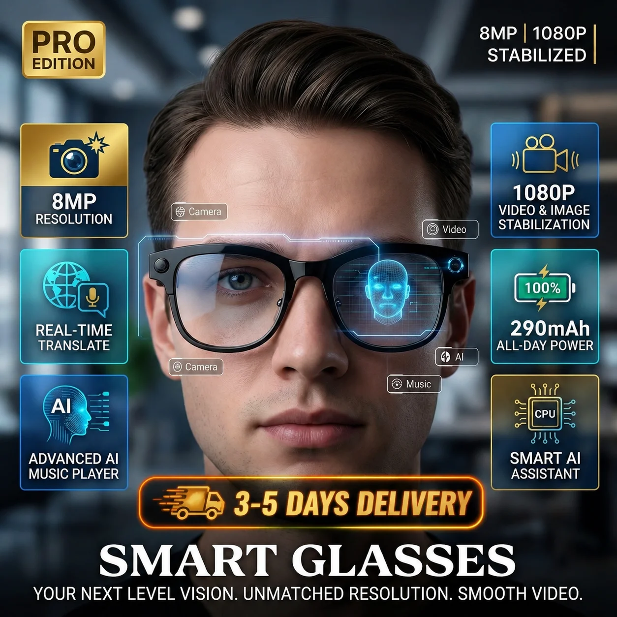 Nouvelles lunettes intelligentes IA GUHUAVMI avec enregistreur photo et vidéo HD 8MP, transfert WiFi, enregistrement audio, traduction IA, réveil vocal, reconnaissance d'objets, appels Bluetooth, double micro, réduction de bruit ENC, contrôle tactile coulissant du volume, chargement magnétique, étanchéité IP66, légères
