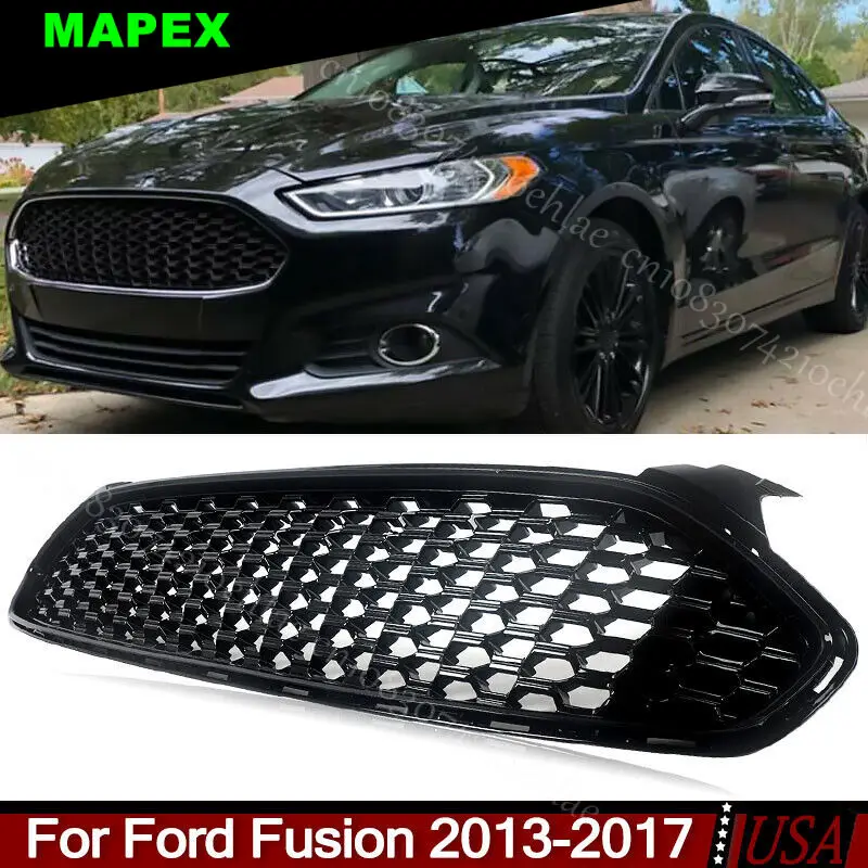 Fit 2013-2017 Ford Fusion Gloss Black Honeycomb Front Bumper Grille Mesh Replace