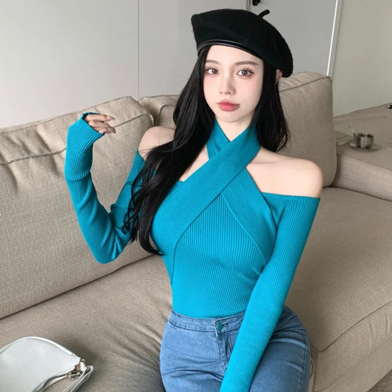 

Women Cross Straps Knitted Long Sleeve Crop Tops Korean Sweater Off Shoulder Straight Neck Tops