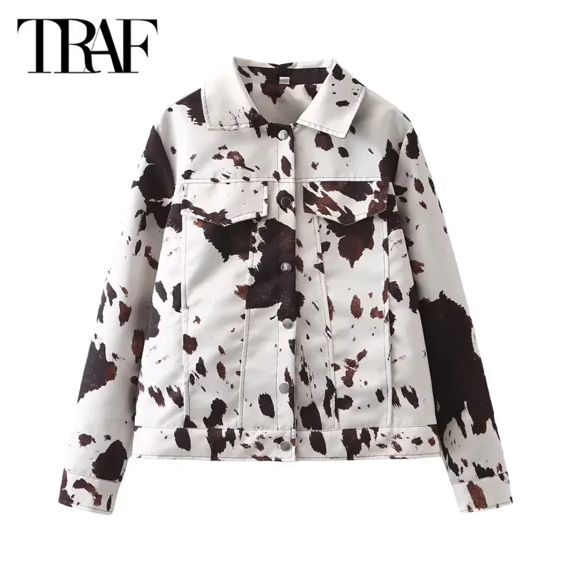 TRAFผู้หญิงพิมพ์Cropped Jacketใหม่ในOuterwears 2024 ฤดูใบไม้ร่วงDemi-Seasonขนาดใหญ่เสื้อแจ็คเก็ตแขนยาวเสื้อสั้น