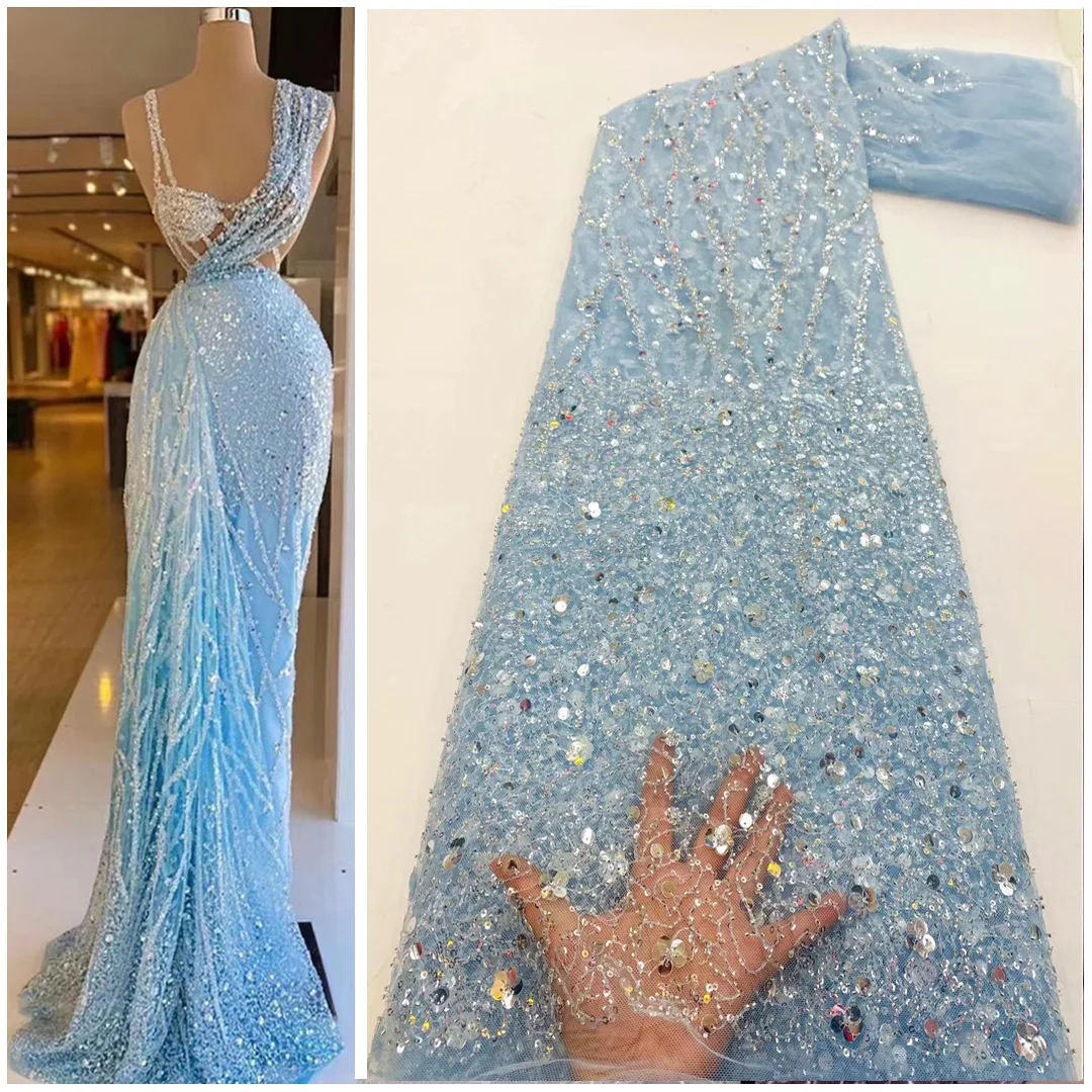 

Кружевная ткань для свадебных платьев 2026 года с вышивкой пайетками и бусинами, небесно-голубое кружево для элегантных свадебных и праздничных нарядов