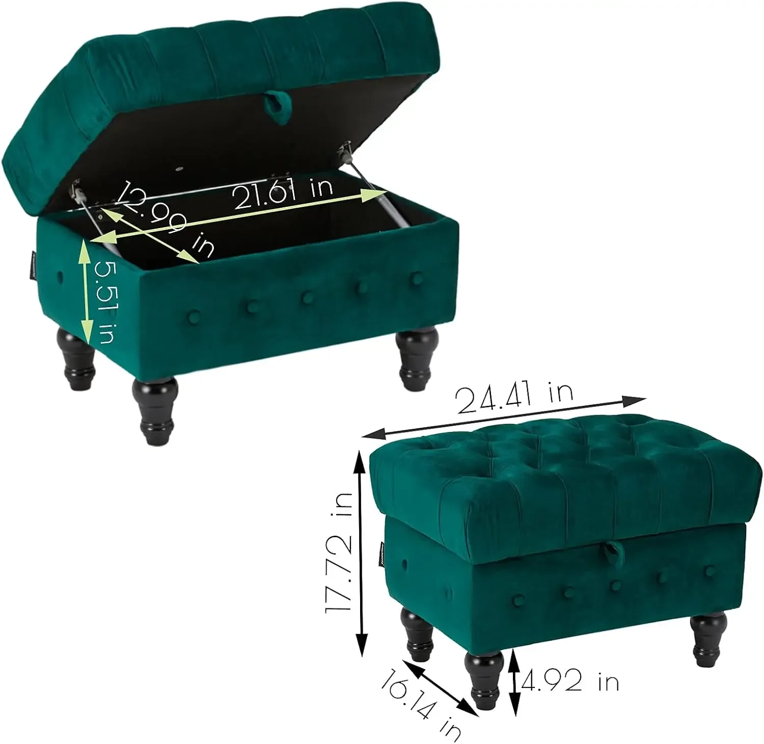 Green Button Tufted Storage Ottoman Velvet Upholstery Footstool Space-Saving Toy Box Coffee Table Bed Living Room