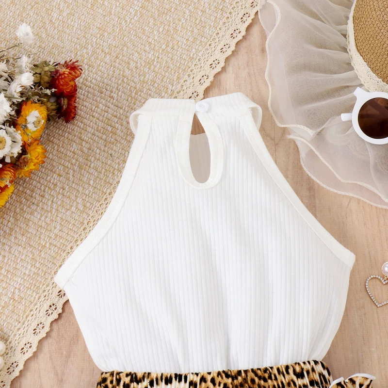 Girls' Spring Summer Halter Leopard Heart Print Vest Bowknot Lace Cake Dress Set