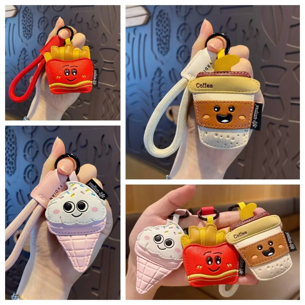 Fashion Funny Coffee Cup Shape Keychain Cartoon PU Leather Ice Cream Pendant Ornaments French Fries Car Key Ring Gift