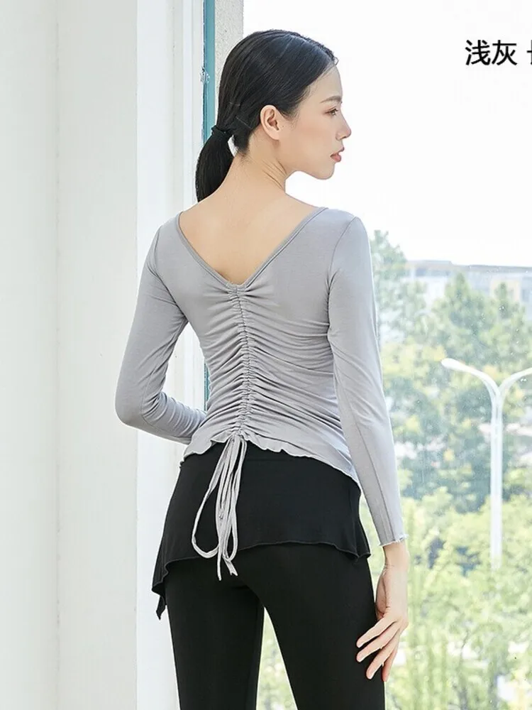 Solid Color V Neck Drawstring Slim Fit Dance Top Women Classical Dance Performance Practice Stage Costume Elegant Training Shirt