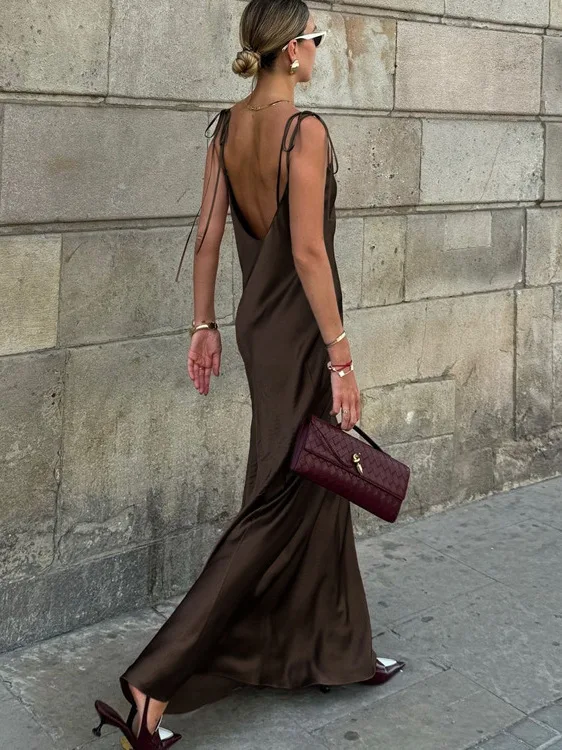 ชุดเดรสยาวผ้าซาตินสำหรับผู้หญิง สไตล์วินเทจ เอวสูง ทรงเข้ารูป ผ้าบางเบา เหมาะสำหรับฤดูร้อน ชุดเดรสทำงานสำหรับสุภาพสตรี