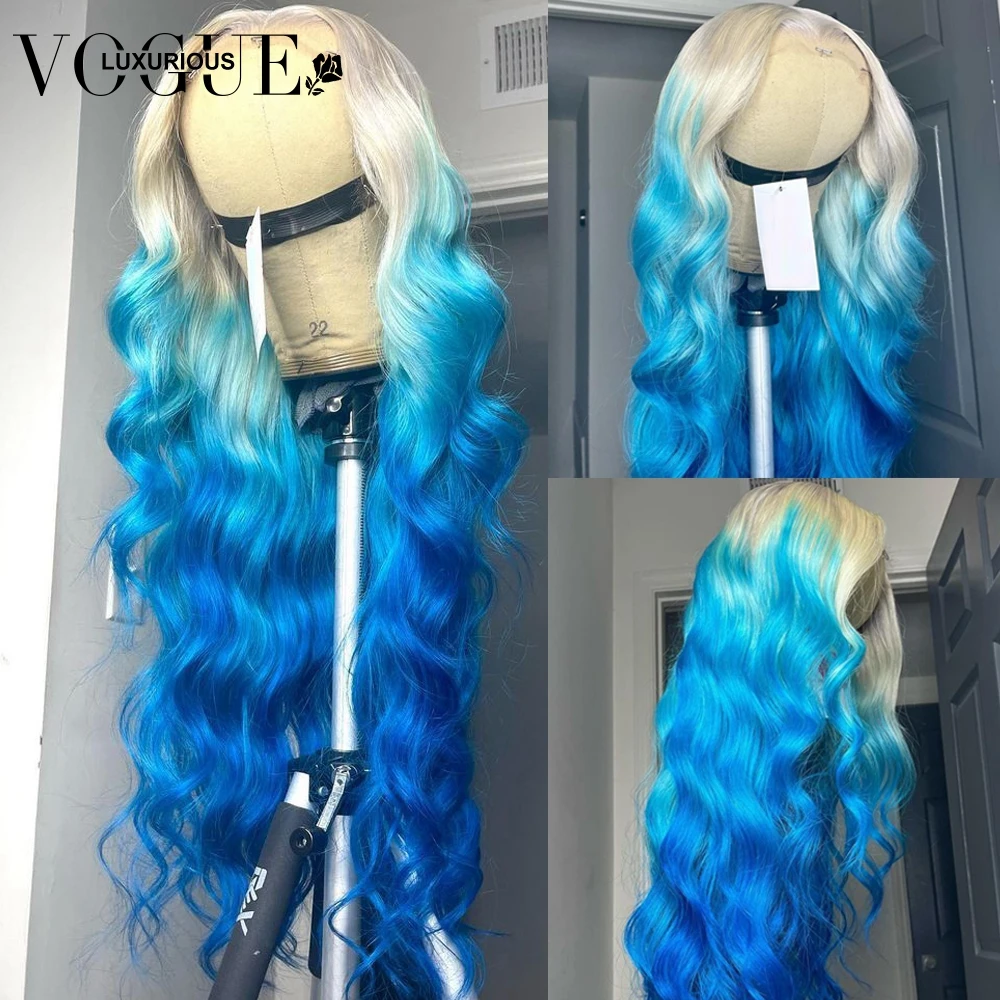 Peluca de cabello humano virgen, postizo de encaje frontal transparente, color rubio claro prearrancado, ombré, azul Platino, 613 brasileño