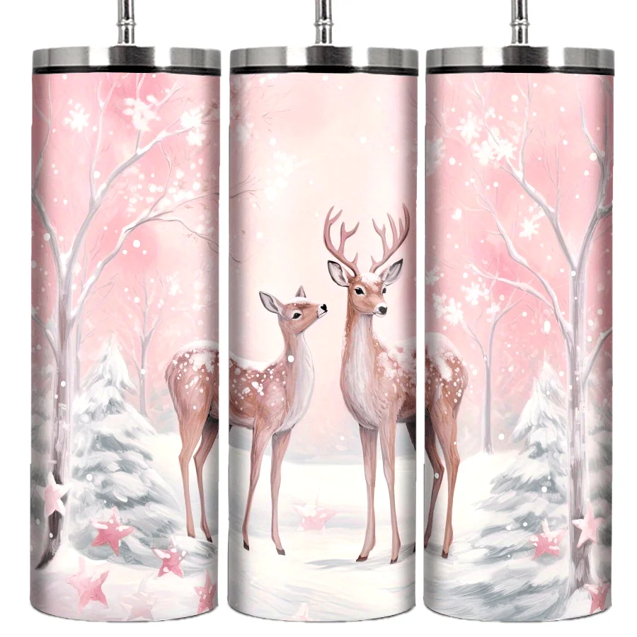1pc Festive 20oz Stainless Steel Tumbler with 3D Print, Double-Wall Insulated Travel Mug with Straw and Lid, Christmas Holiday Design with Deer, Pine Tree, Snowflakes, and Twigs, Ideal for Parties and Christmas Gifts
