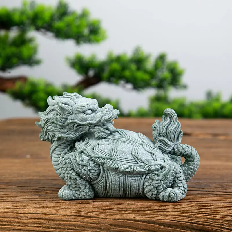 Chinese style auspicious beast basalt beast landscaping decoration green sand stone fortune dragon turtle tea pet ornaments