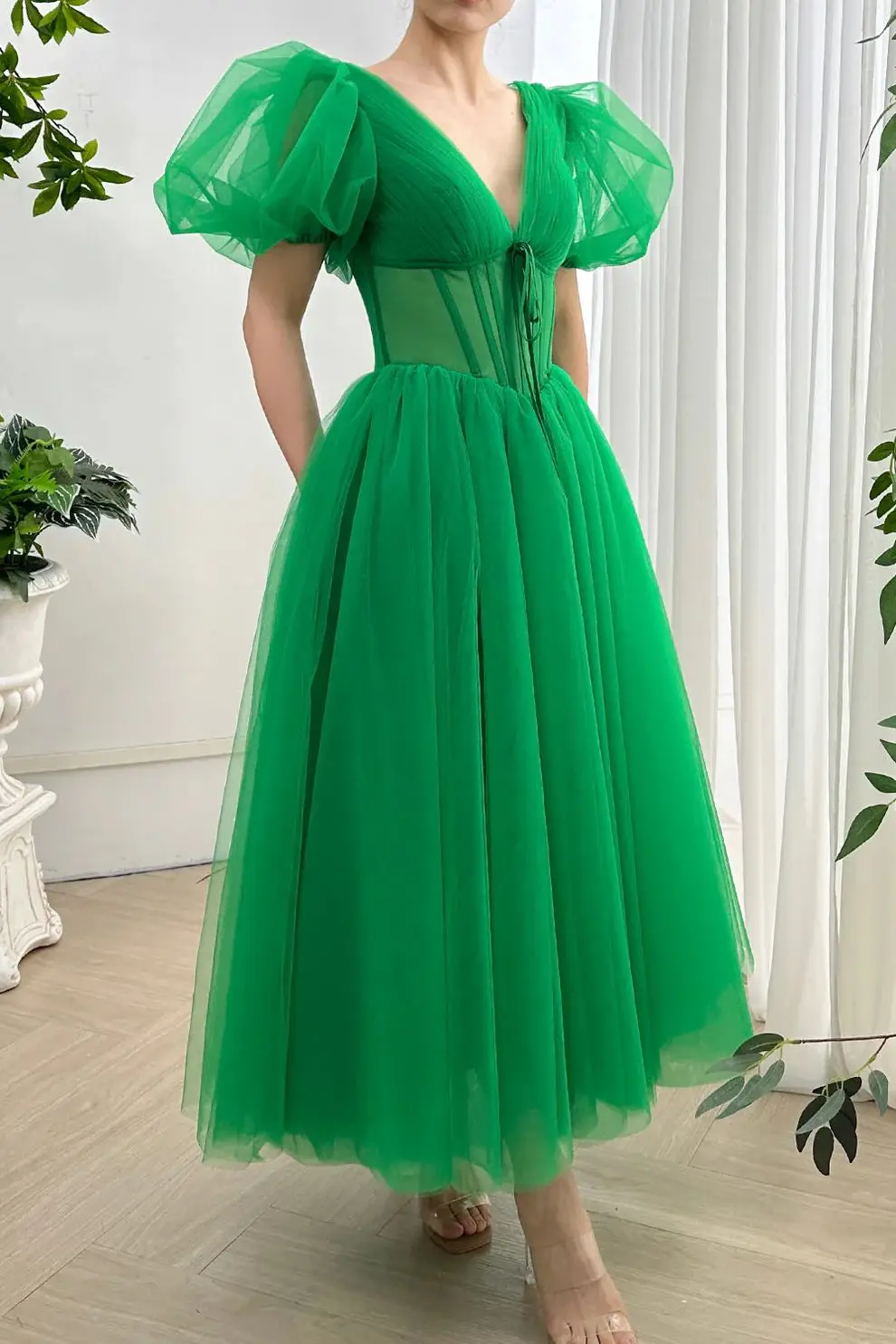 

Green Prom Dresses Pleats Puffy Short Sleeves V Neckline A Line Ankle Length Formal Party Evening Gowns Graduation Dress