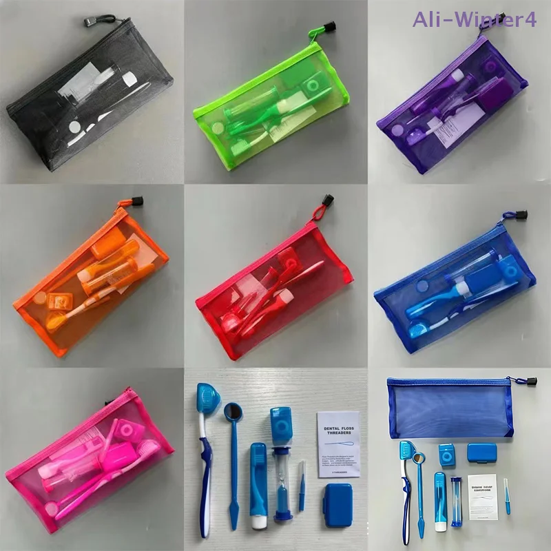 

{Winter4} 8Pcs/set Dental Care Brush Kit Multicolour Dental Wax Teeth Cleaning Tool Mesh Bag Foldable Interdental Brush Floss