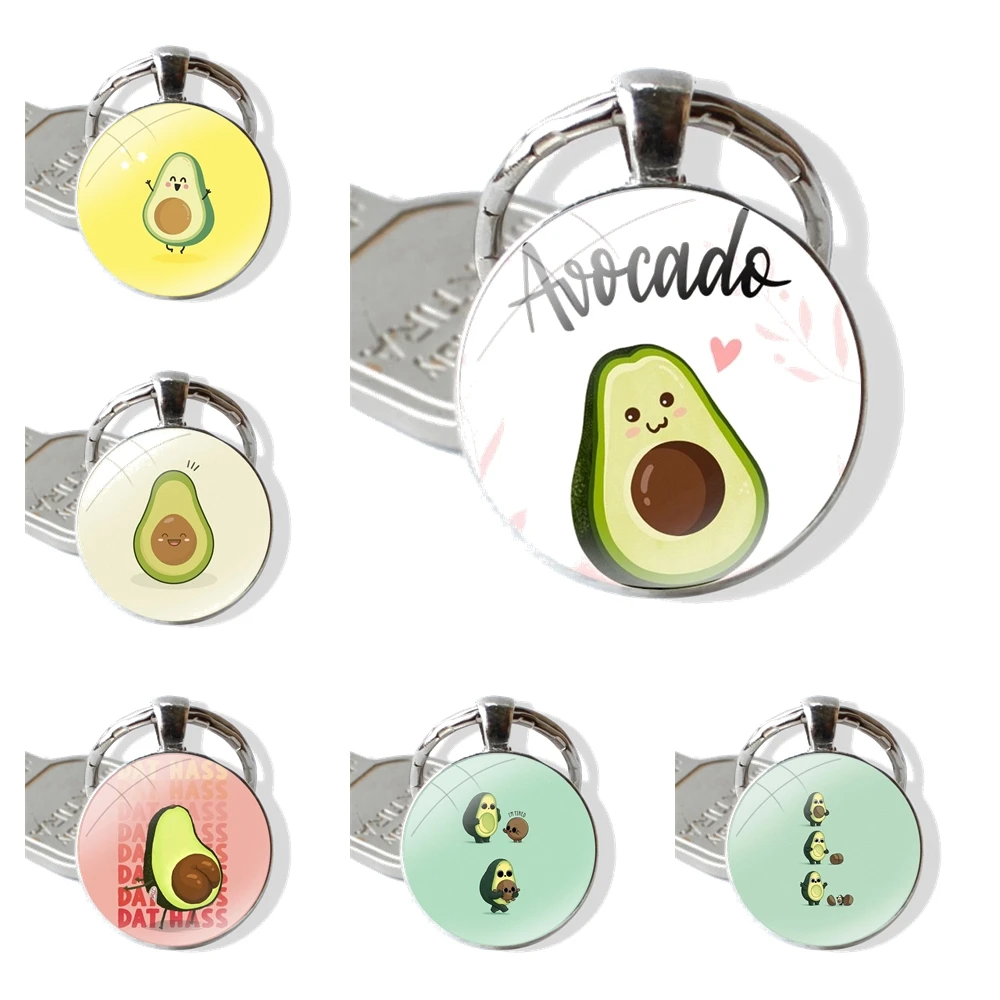 Cute cartoon avocado Keychain Handmade Glass Cabochon Key Ring Holder Pendant Key Chains