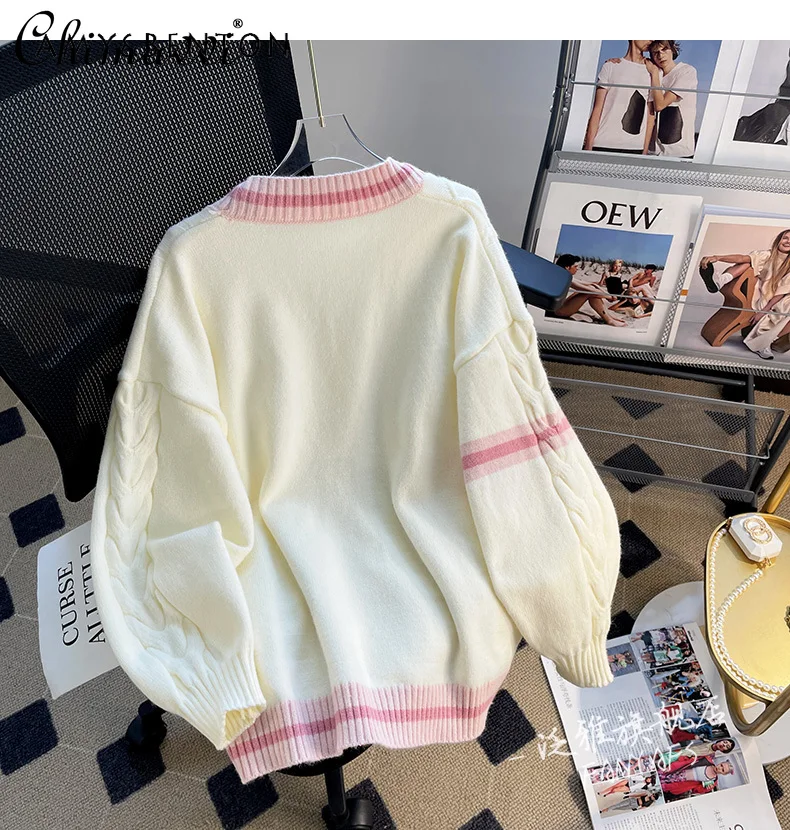 Preppy Style Cute Bow Patchwork Knited Cardigan Autumn Winter Japanese Sweet V-neck Single Breasted Loose Casual Pink Sweater