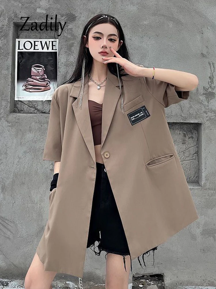 2024 Summer Office Lady Short Sleeve Women Black Blazer Single Button Oversize Work Suit Appliques Ladies Suit Female Coat