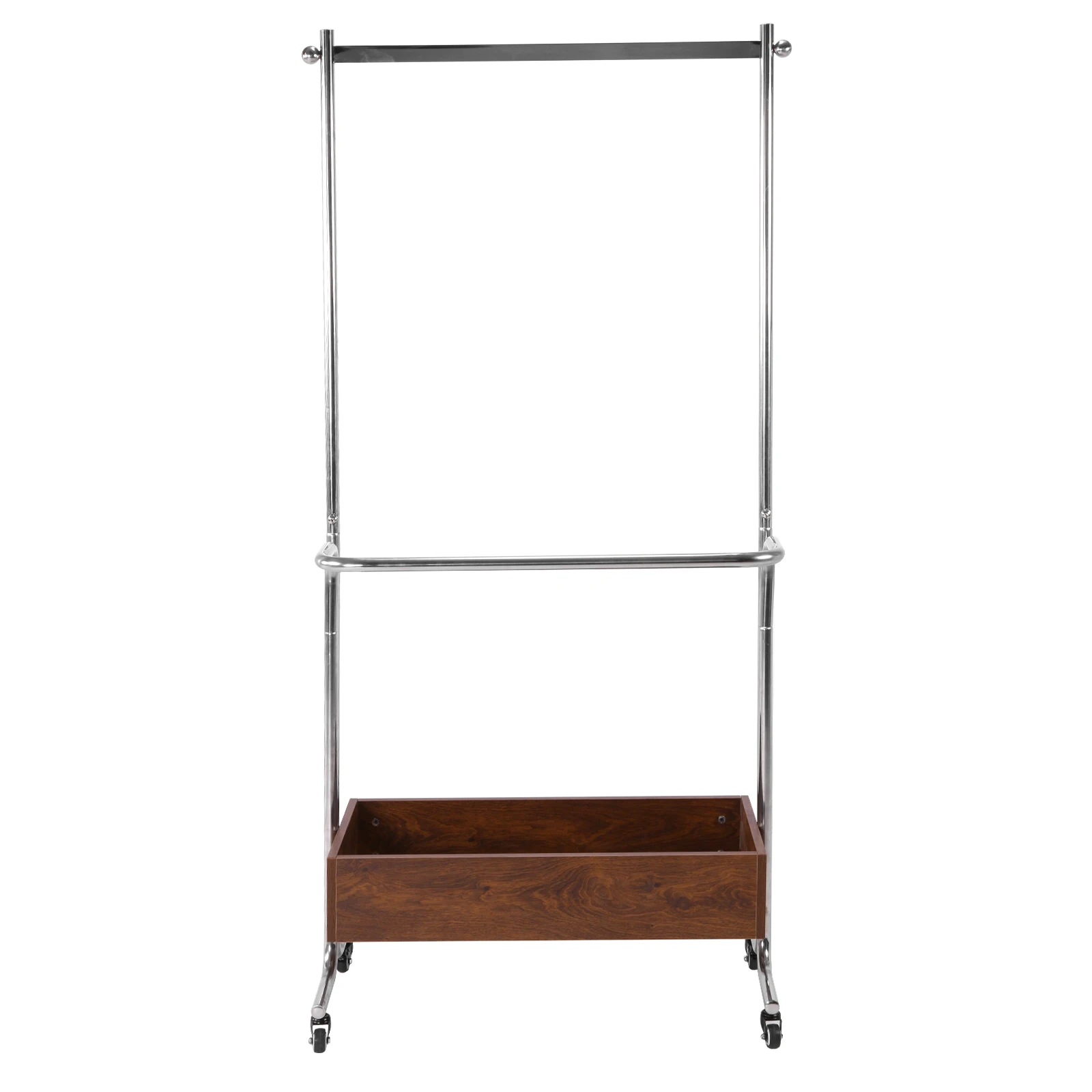 

Маленькая передвижная вешалка для одежды на колесиках с деревянным ящиком для хранения одежды, кошельков и головных уборов