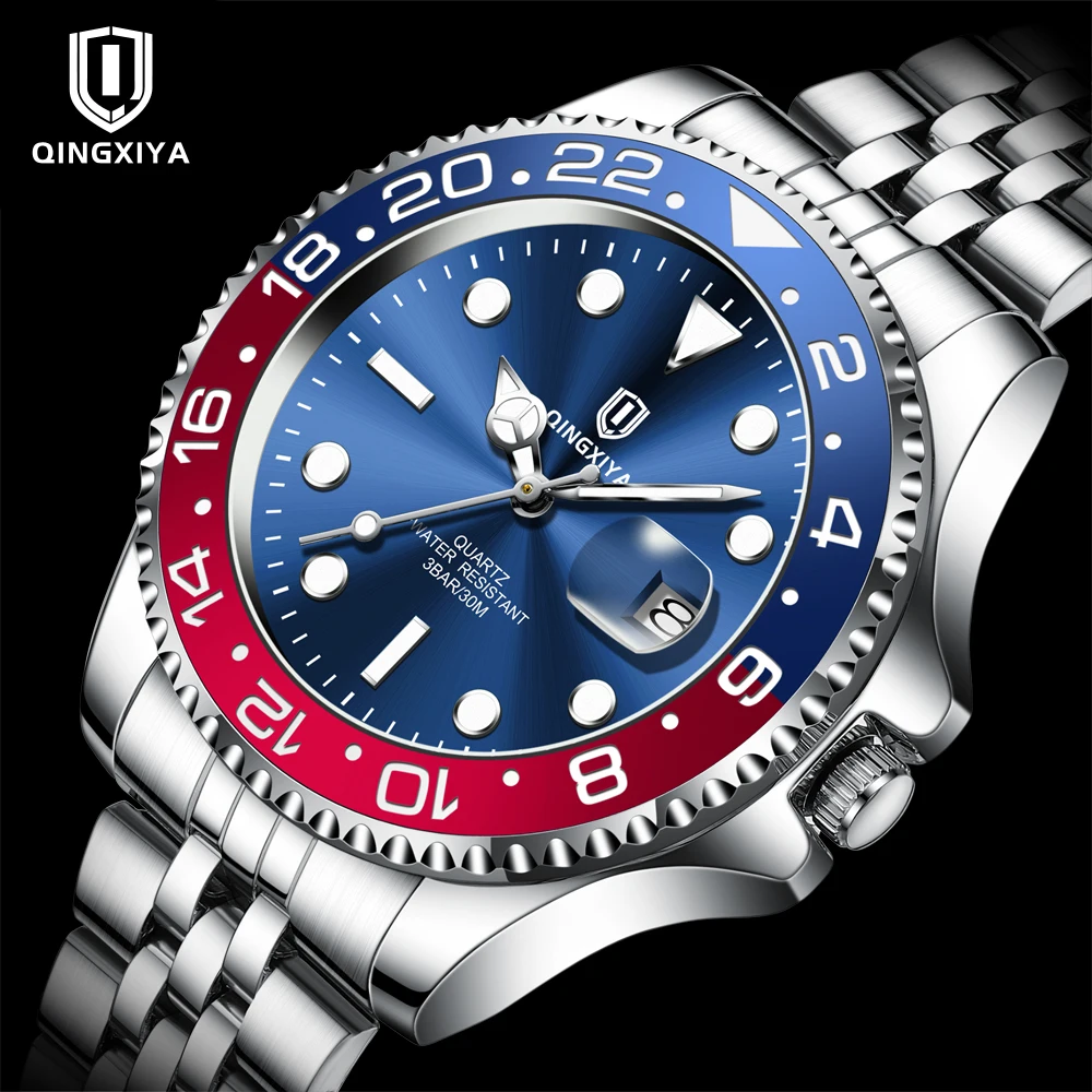 

QINGXIYA модные кварцевые часы с вращением безеля, мужские водонепроницаемые светящиеся мужские часы из нержавеющей стали с датой, роскошные часы Relogio