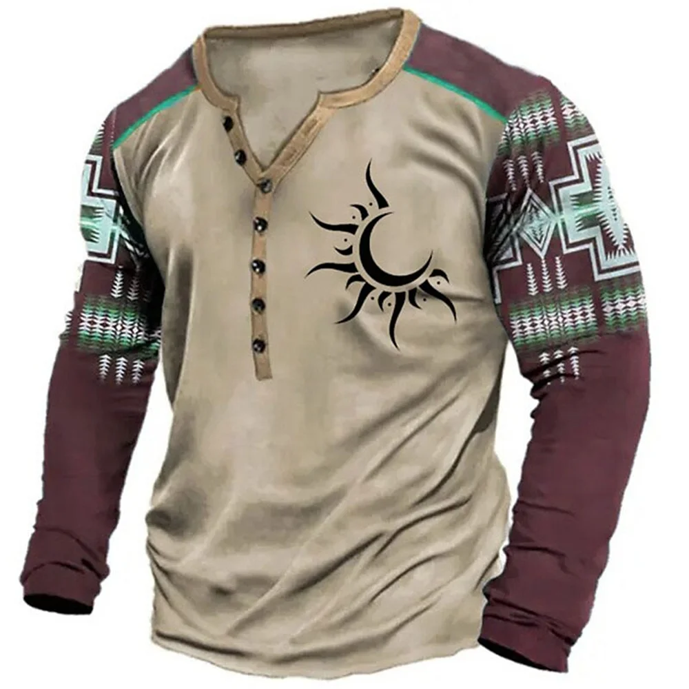 

Ethnic Style Vintage T-Shirt For Men Cotton Tee Sun Graphic T-Shirts 3D Print Long Sleeve Tees Buttons Oversized Man Clothes Top