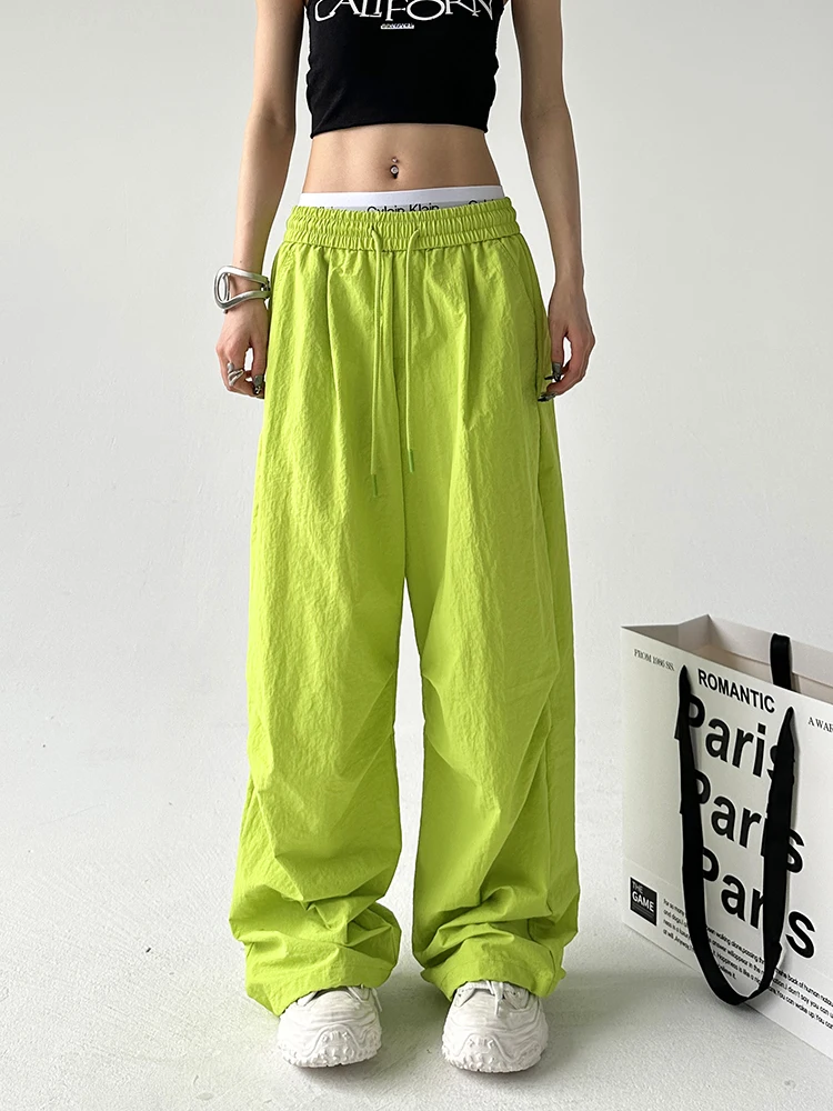 กางเกงกีฬาฟลูออเรสเซนต์สำหรับผู้หญิง ทรงลำลอง ขาตรง ช่วยให้ดูผอม สไตล์สตรีท สวมใส่สบาย เอวสูง กางเกงขายาว