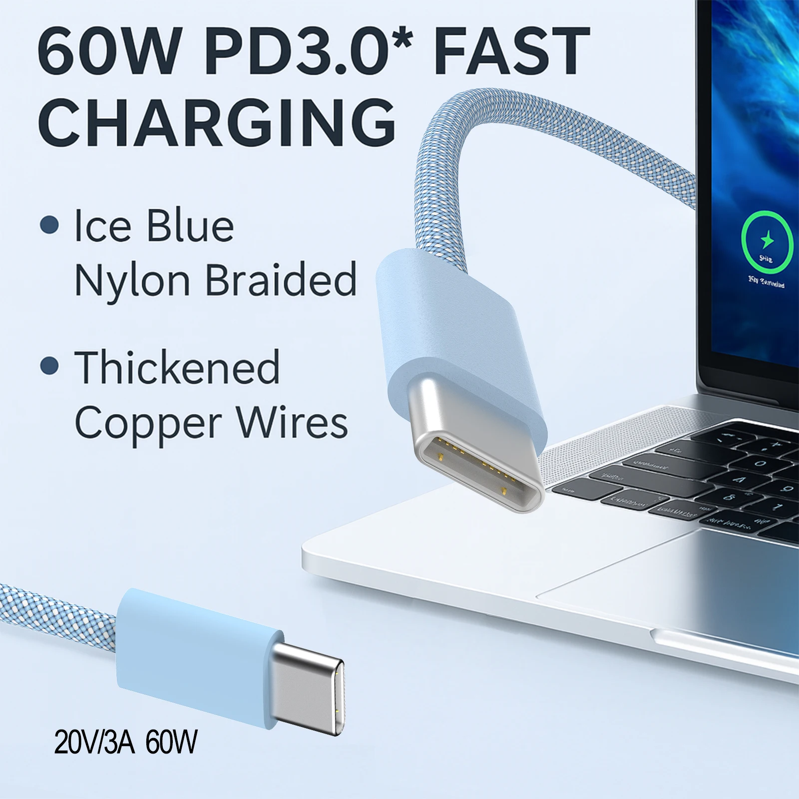 

Ice Blue USB-C Cable 60W PD Fast Charging | Braided Nylon Type-C to Type-C Cord for MacBook iPad Pro Galaxy S24 Short Charging W