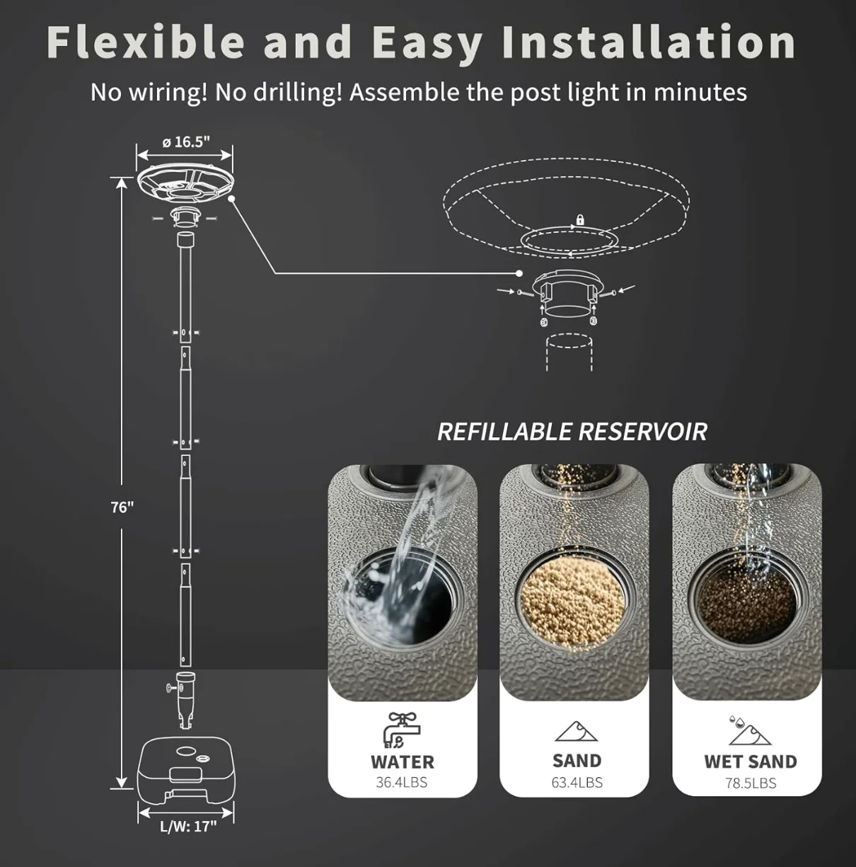 16.5”in black solar lamp (including lamp pole)