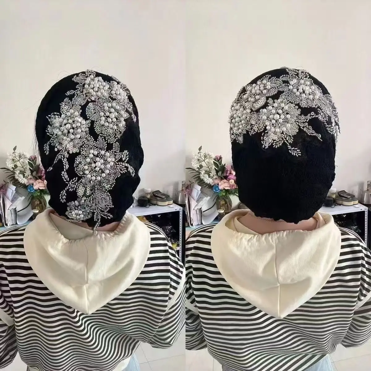 

Black Sequins Beads Hijabs Turban Women Beret Hat Muslim Beanies Bonnet Headscarf Chemo Cap Hair Loss Baggy Slouchy Head Wraps