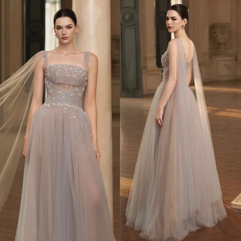 

Customized Exquisite Square Collar Sleeveless Evening Dress See Through Tulle Prom Dresses Delicate Crystal Party Dress Gowns