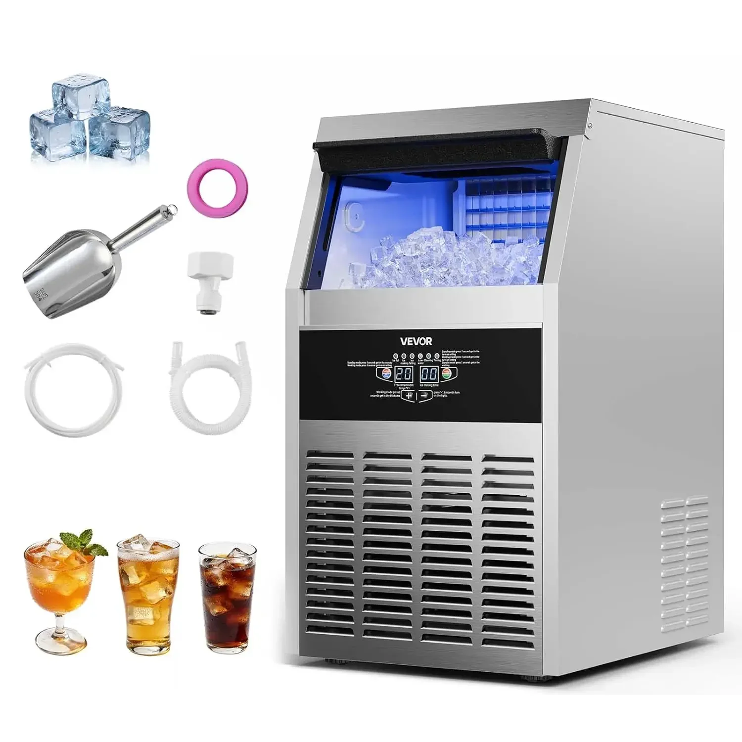 Commercial Ice Maker Machine, 130 lbs/24h with 30 lbs Storage Capacity, Built-in/Freestanding/Under Counter, Stainless Steel Ice