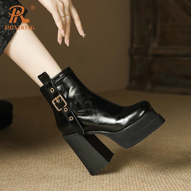 PRXDONG New Genuine Leather Shoes Chunky High Heels Platform Black Autumn Winter Warm Ankle Boots Dress Office Lady Size 34-40