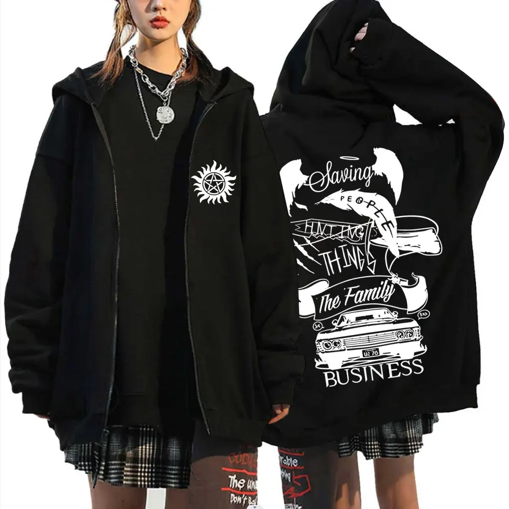 

TV Series Supernatural Zipper Hoodie Men Women Casual Fleece Cotton Zip Up Jacket Coat Unisex Vintage Cosplay Zip Up Sweatshirt