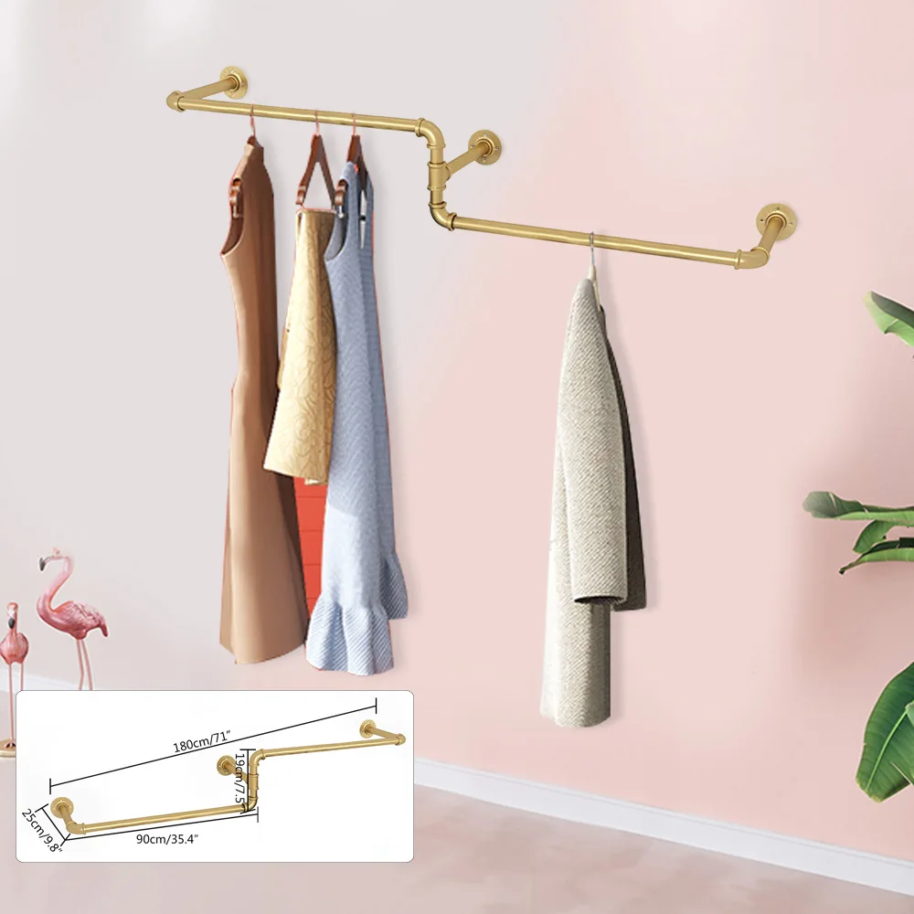 Bymaocar Industrial Clothes Rail 180cm Long Wall Mounted Garment Rack Industrial Pipe Clothes Organizer Towel Hanger Bar Gold