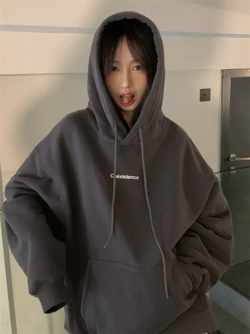 Fashion Dark Grey Hoodie Fleece Thicken Sweatshirt Long Sleeve Korean Letter Printing Baggy Female Top Pullover Harajuku Hoodie