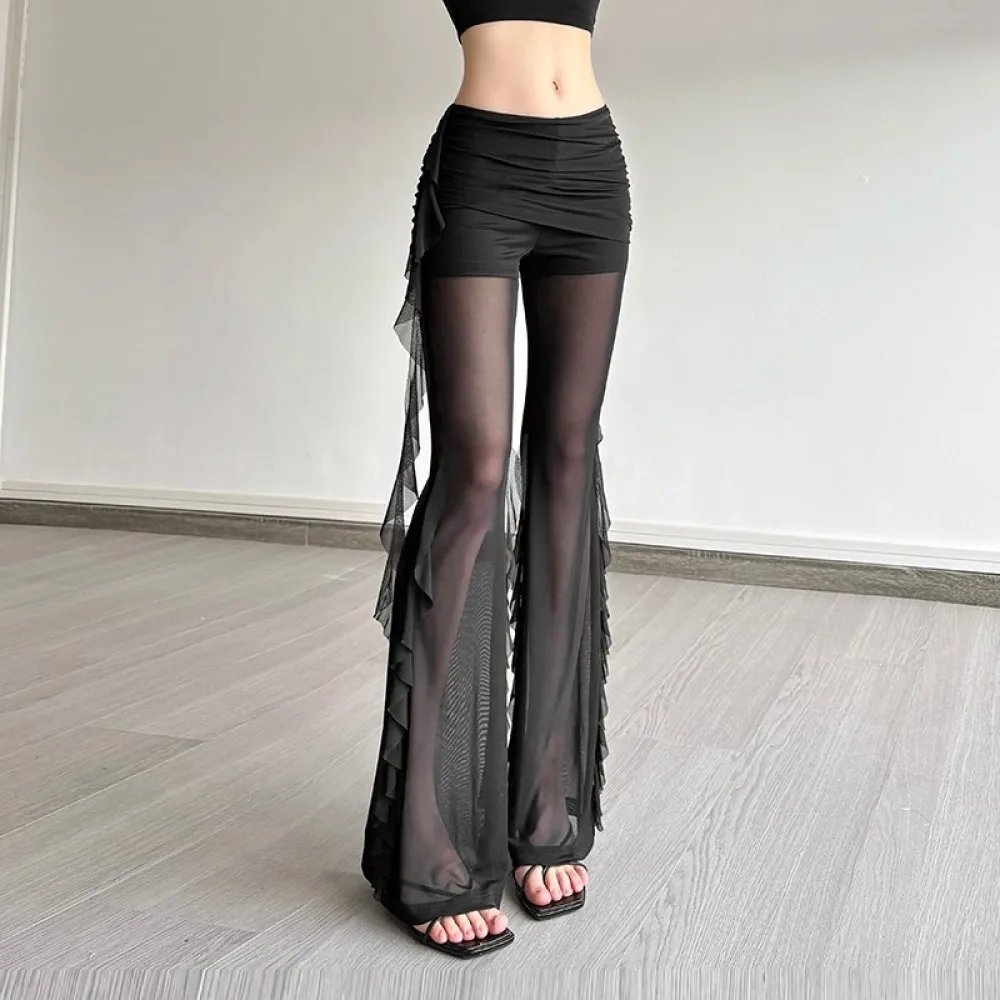 Sylcue Sexy See Through Long Pant Women High Waist Irregular Patchwork Ruched Ruffles Ribbons Versatile Style Elegant Bottoms
