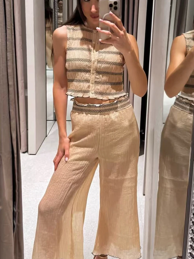 Neues Damen-Chic-Set mit Gestreifter Weste und Hose Ärmelloses Schlankes Plissiertes Oberteil Weite Hose Vintage-Set Modisches 2-Teiliges Set