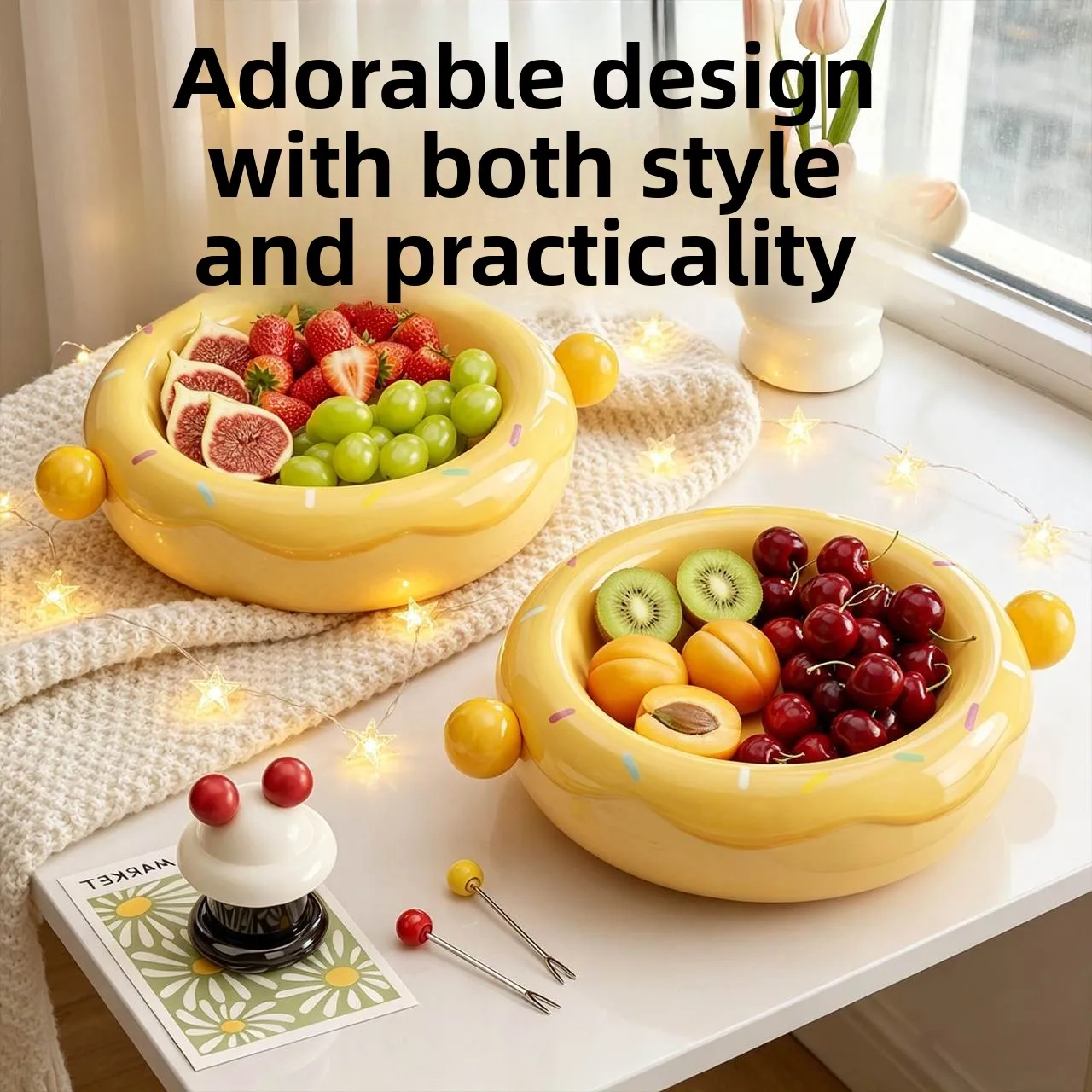 

Attractive Fruit Bowl 2026 New Design Living Room Home Use Salad Bowl with Fork Unique Shape High Aesthetic Value Plastic Bowl