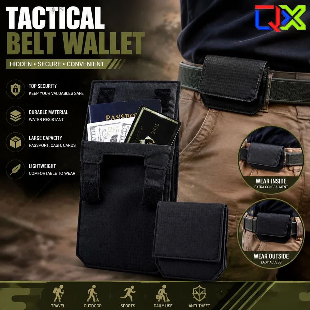 2027 Black Slim Belt Wallet Zero Bulk Anti Theft Belt Clip Mini Belt Wallet Hook and Loop Closure Hidden Compartment Belt Wallet