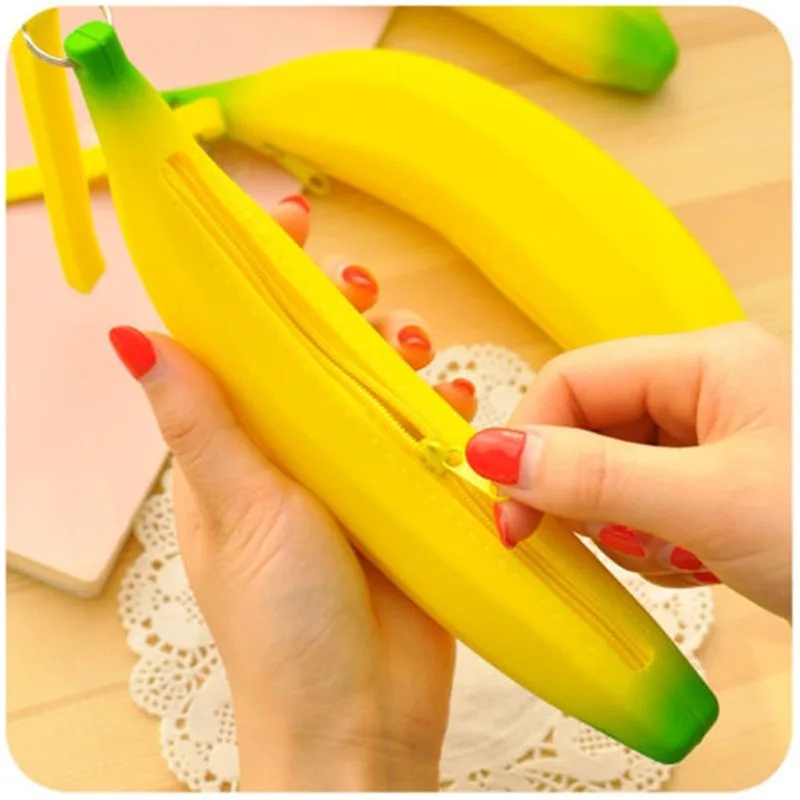 Novelty Yellow Banana Silicone Pencil Case Stationery Storage Bag dual Coin Purse Key Wallet Promotional Gift Stationery